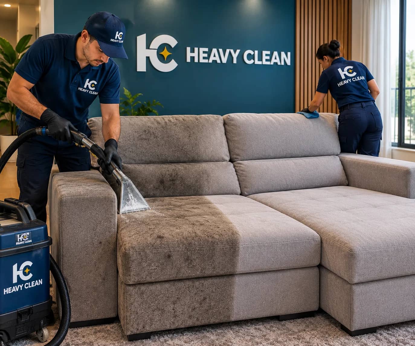 Equipe da Heavy Clean higienizando sofá de canto com extratora profissional
