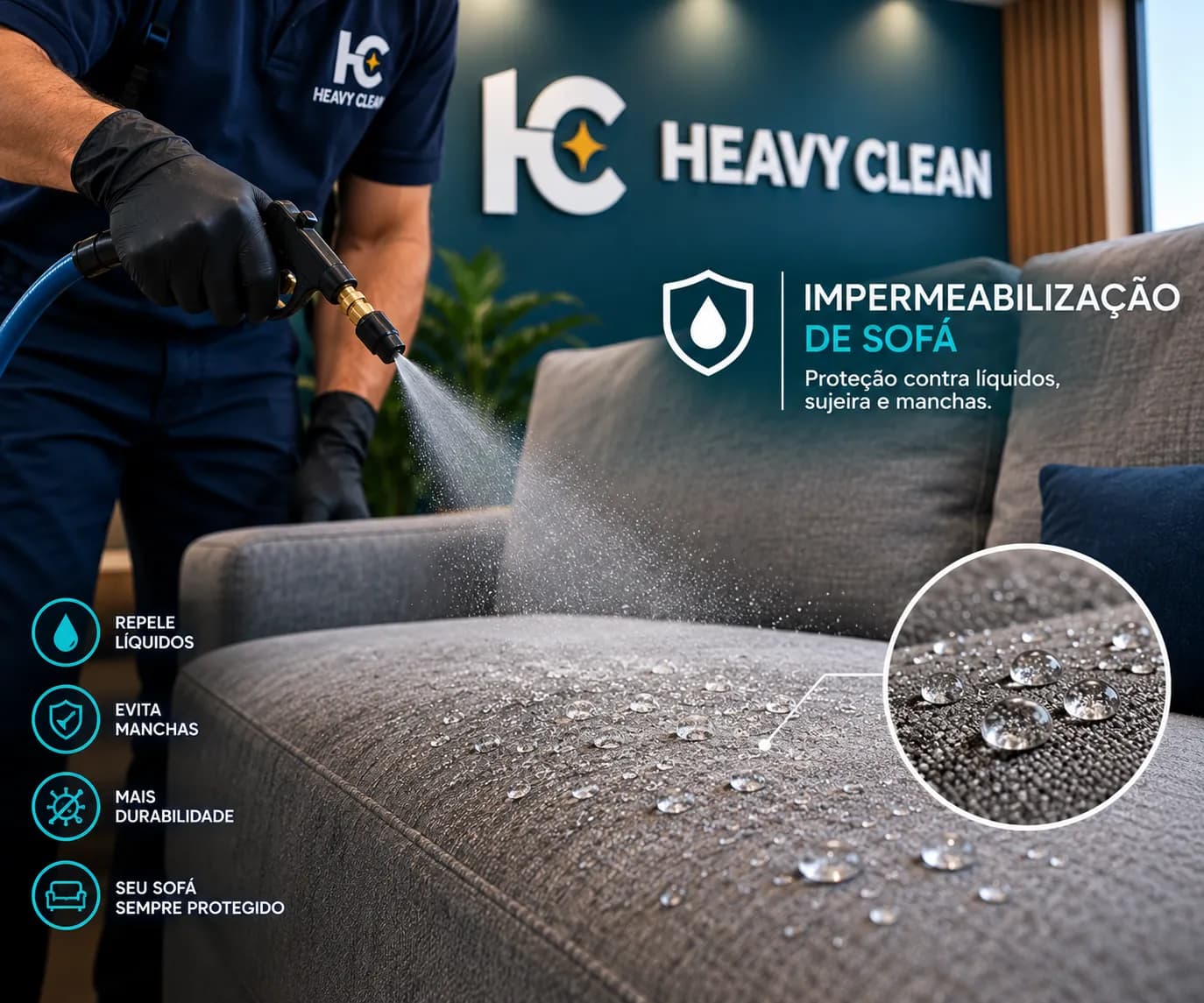 Aplicação de impermeabilizante em sofá, com gotas de água na superfície do tecido