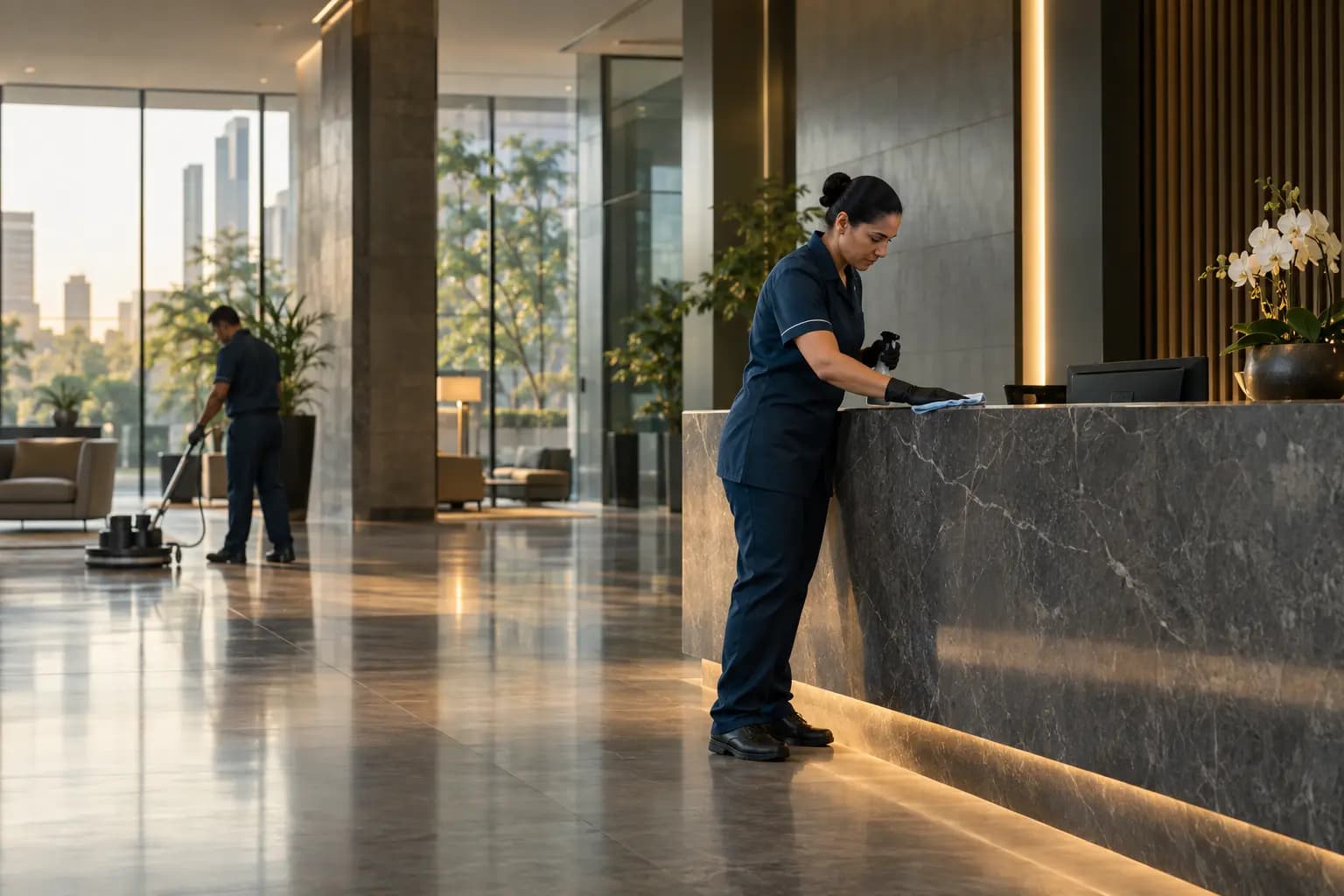 Área administrativa de empresa em Cubatão com limpeza terceirizada
